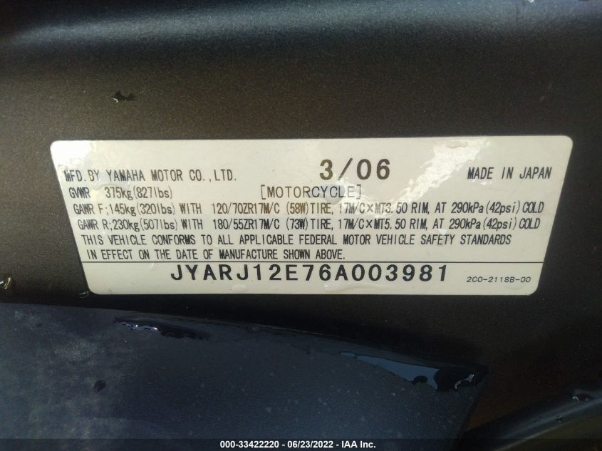 2006 YAMAHA YZFR6 L JYARJ12E76A003981