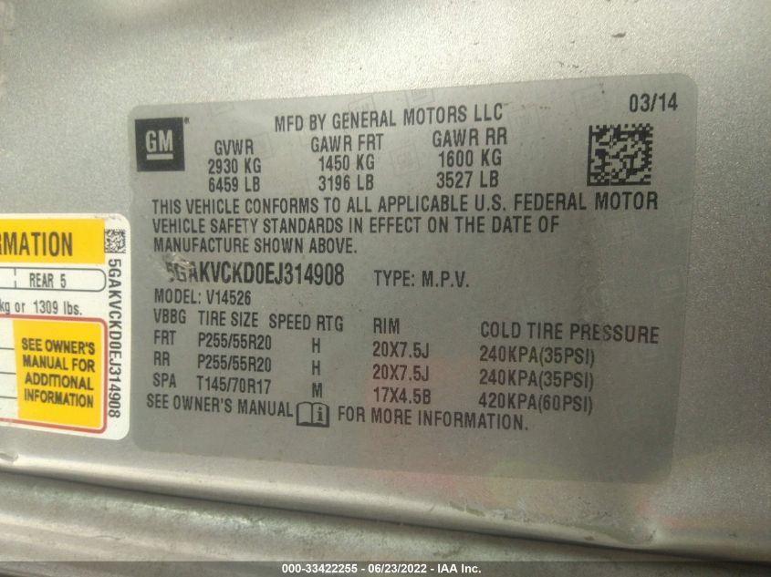 2014 BUICK ENCLAVE PREMIUM 5GAKVCKD0EJ314908