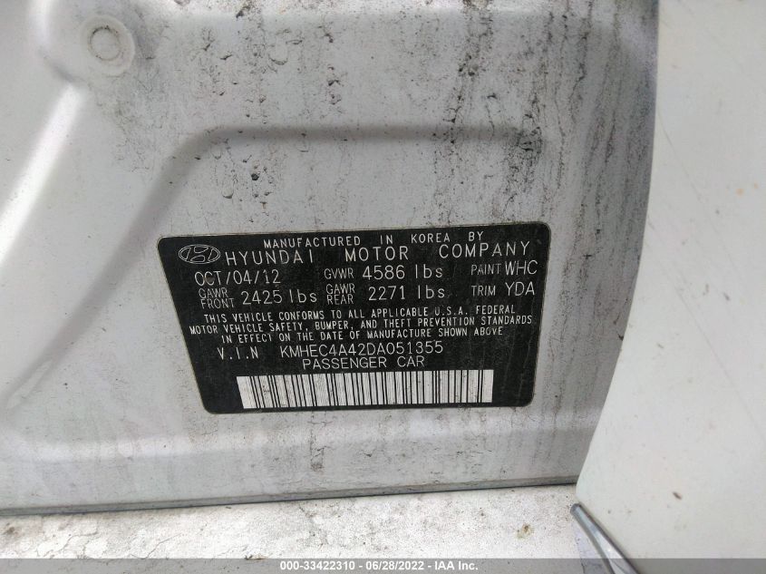 2013 HYUNDAI SONATA HYBRID HYBRID KMHEC4A42DA051355