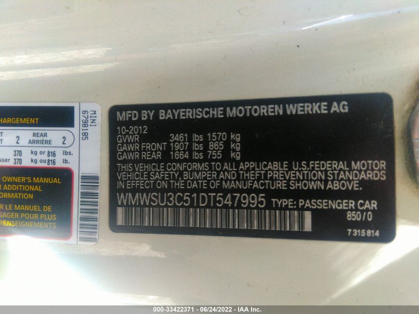 2013 MINI COOPER HARDTOP WMWSU3C51DT547995