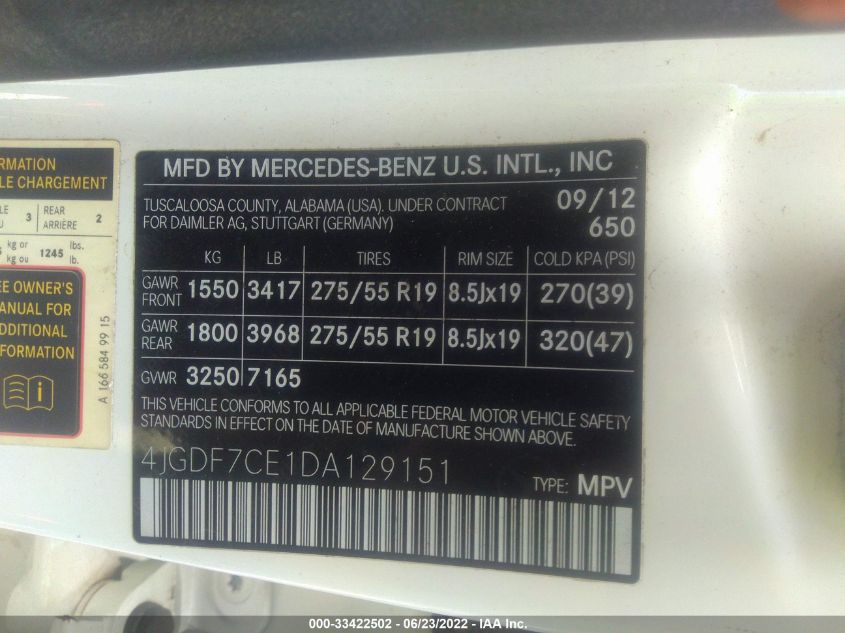 2013 MERCEDES-BENZ GL-CLASS GL 450 4JGDF7CE1DA129151