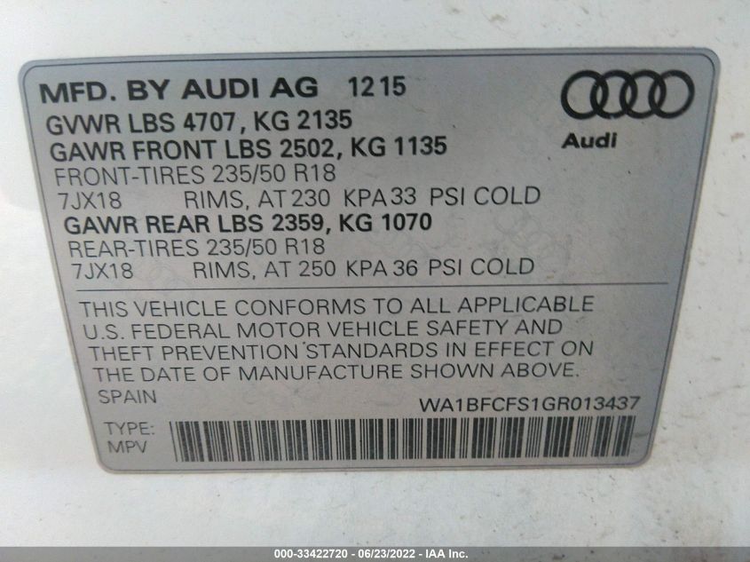 VIN WA1BFCFS1GR013437 2016 AUDI Q3 no.9