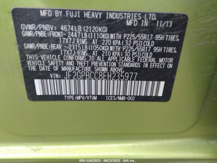 2014 SUBARU XV CROSSTREK HYBRID 2.0I HYBRID JF2GPBCC8EH235977