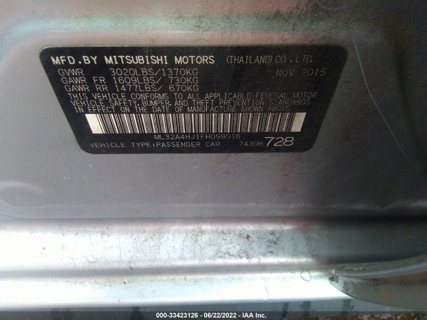 2015 MITSUBISHI MIRAGE ES/RF ML32A4HJ1FH059016