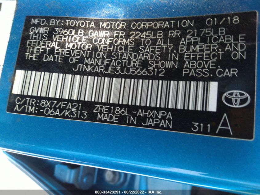 2018 TOYOTA COROLLA IM JTNKARJE3JJ566312