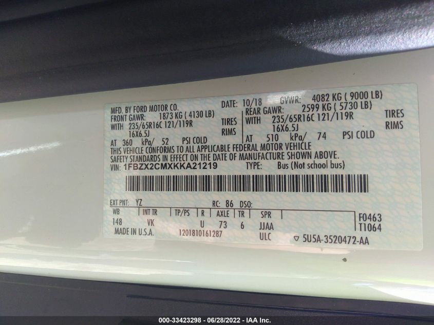 2019 FORD TRANSIT PASSENGER WAGON XL/XLT 1FBZX2CMXKKA21219