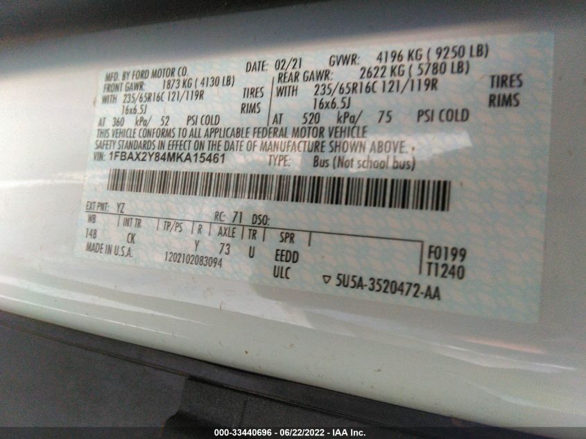 2021 FORD TRANSIT PASSENGER WAGON XL/XLT 1FBAX2Y84MKA15461