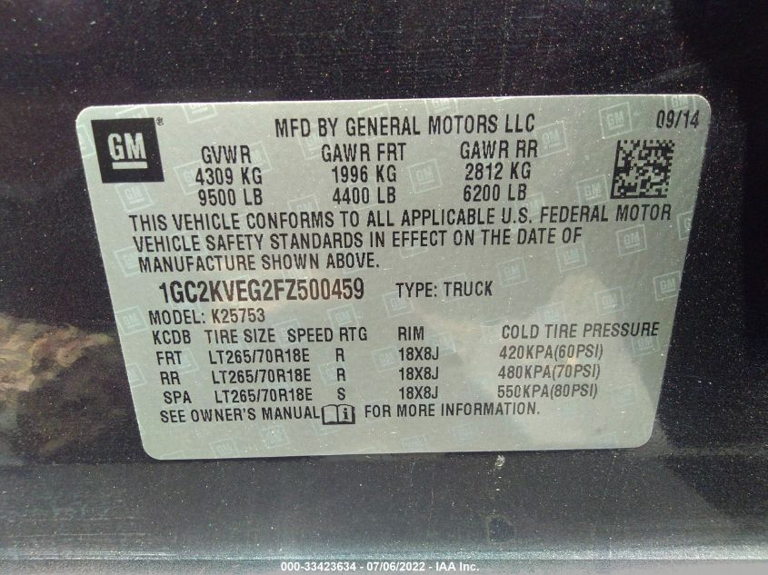 2015 CHEVROLET SILVERADO 2500HD LT 1GC2KVEG2FZ500459