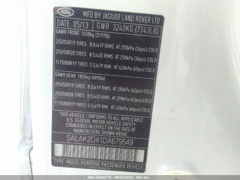 2013 LAND ROVER LR4 LUX SALAK2D41DA679549
