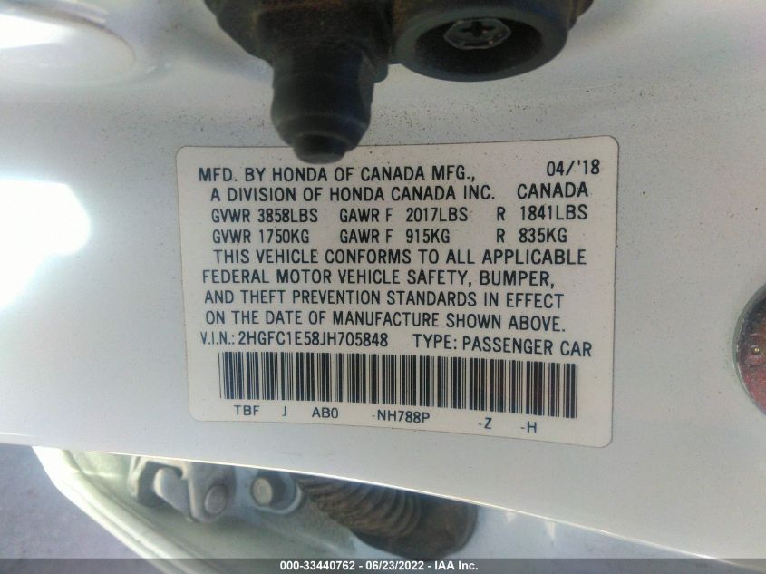 2018 HONDA CIVIC SI SEDAN 2HGFC1E58JH705848