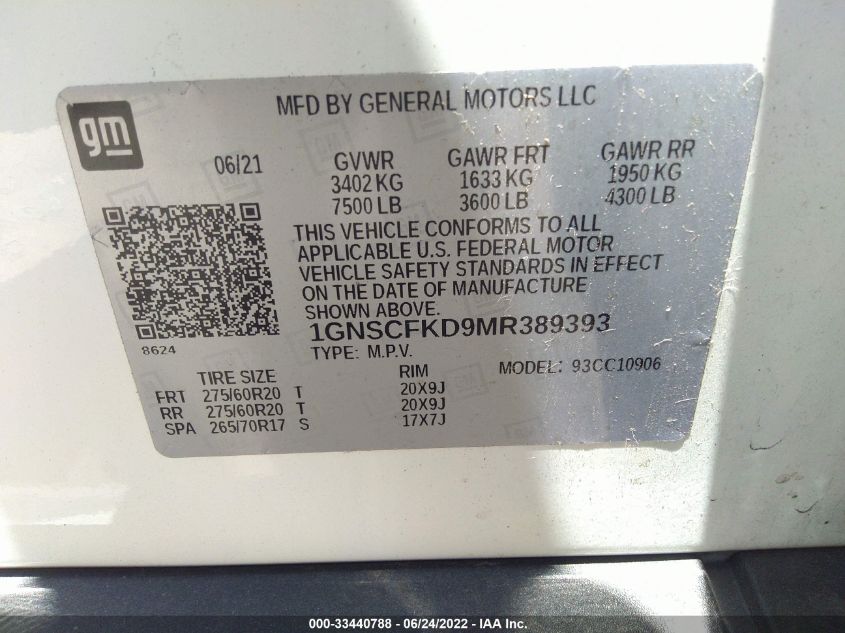 2021 CHEVROLET SUBURBAN PREMIER 1GNSCFKD9MR389393