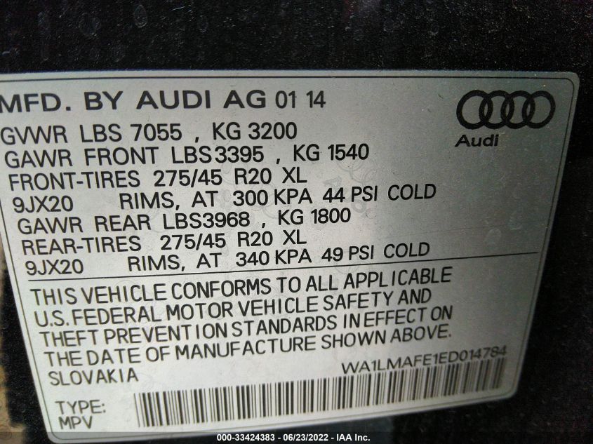 2014 AUDI Q7 3.0L TDI PREMIUM PLUS WA1LMAFE1ED014784