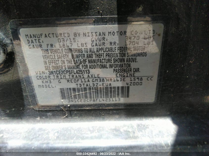 2015 NISSAN VERSA NOTE S/S PLUS/SV/SR/SL 3N1CE2CP8FL425113