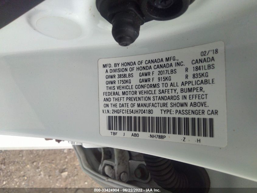 2018 HONDA CIVIC SI SEDAN 2HGFC1E54JH704180