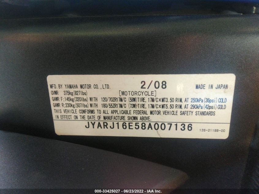 2008 YAMAHA YZFR6 JYARJ16E58A007136
