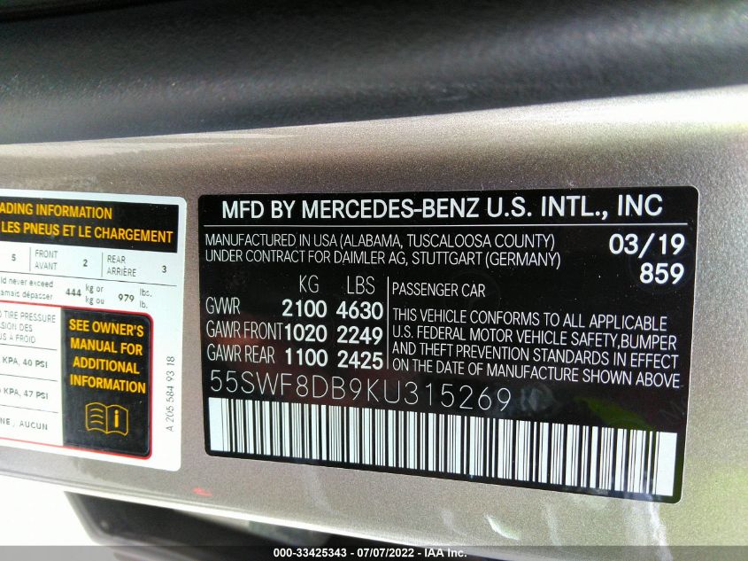 2019 MERCEDES-BENZ C-CLASS C 300 55SWF8DB9KU315269