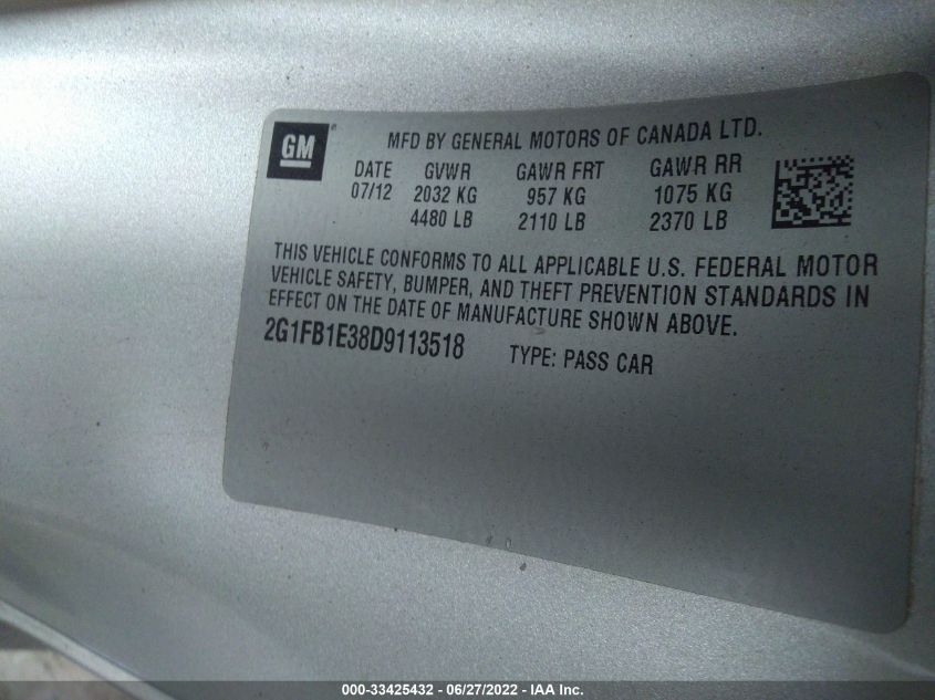 2013 CHEVROLET CAMARO LT - 2G1FB1E38D9113518