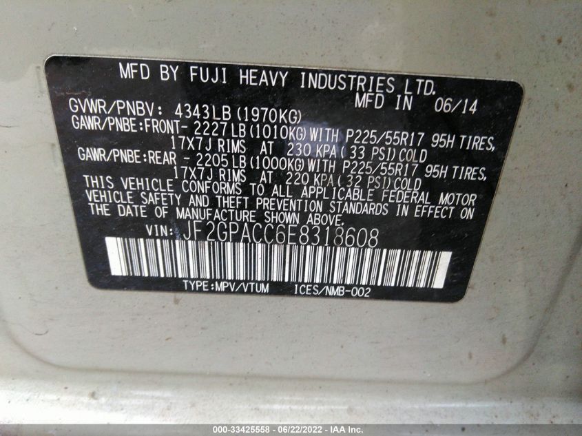 2014 SUBARU XV CROSSTREK PREMIUM JF2GPACC6E8318608