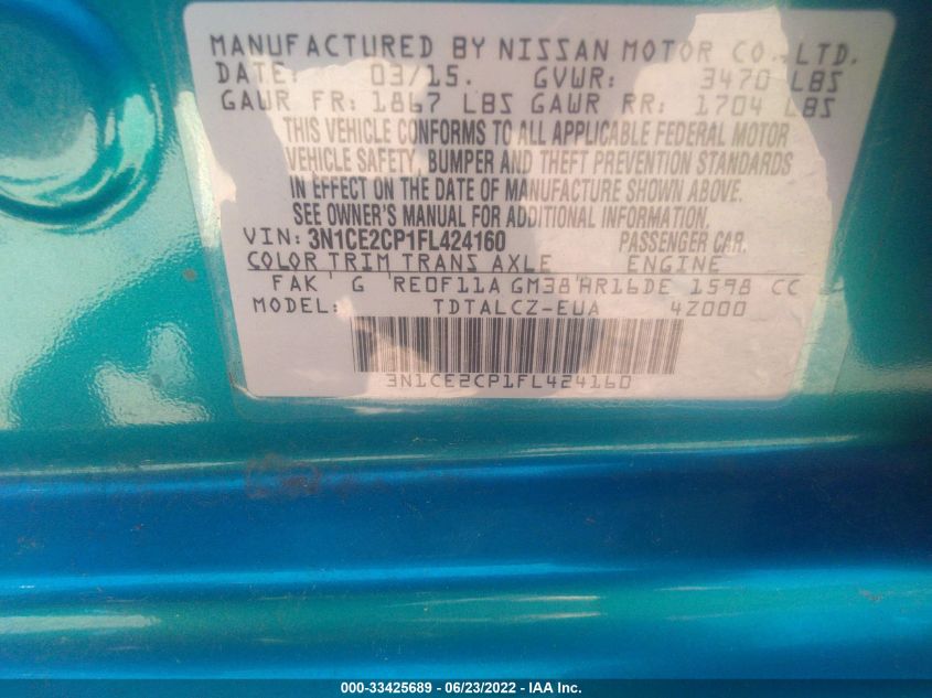 2015 NISSAN VERSA NOTE S PLUS 3N1CE2CP1FL424160