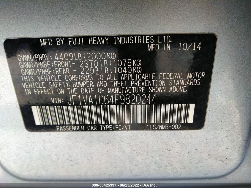 2015 SUBARU WRX PREMIUM JF1VA1D64F9820244