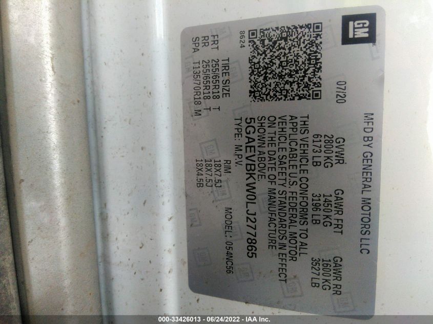 2020 BUICK ENCLAVE PREMIUM 5GAEVBKW0LJ277865