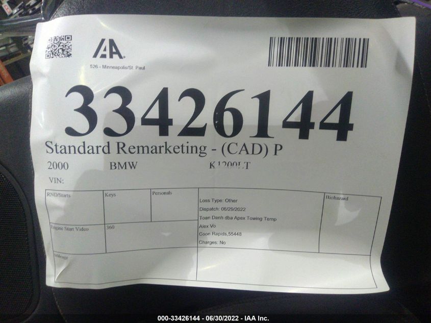 2000 BMW K1200 LT WB10555A7YZD74502