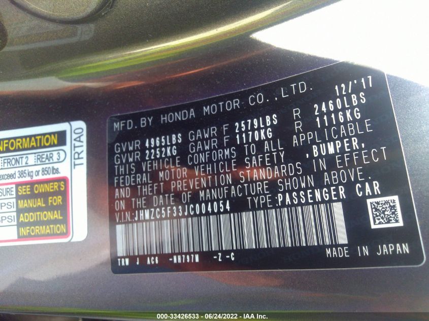 2018 HONDA CLARITY PLUG-IN HYBRID TOURING JHMZC5F33JC004054