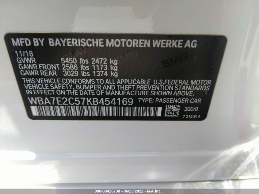 2019 BMW 7 SERIES 740I WBA7E2C57KB454169