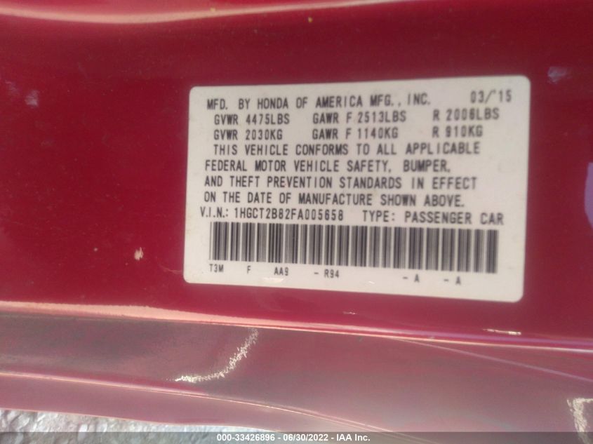 2015 HONDA ACCORD COUPE EX-L 1HGCT2B82FA005658