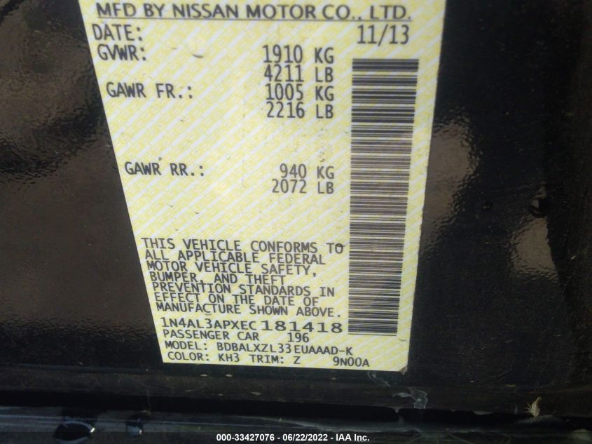 2014 NISSAN ALTIMA 2.5 SL - 1N4AL3APXEC181418