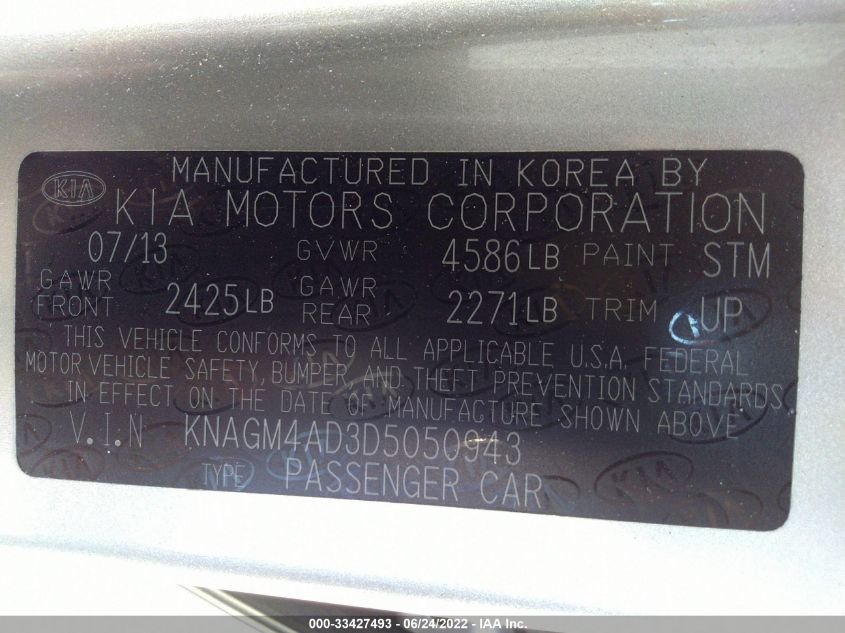 2013 KIA OPTIMA HYBRID HYBRID KNAGM4AD3D5050943