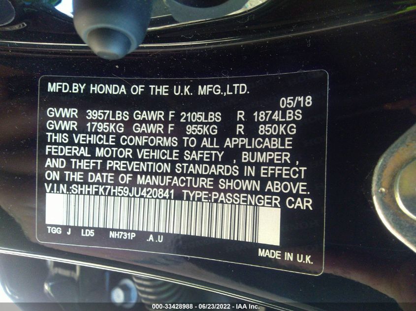 2018 HONDA CIVIC HATCHBACK EX SHHFK7H59JU420841