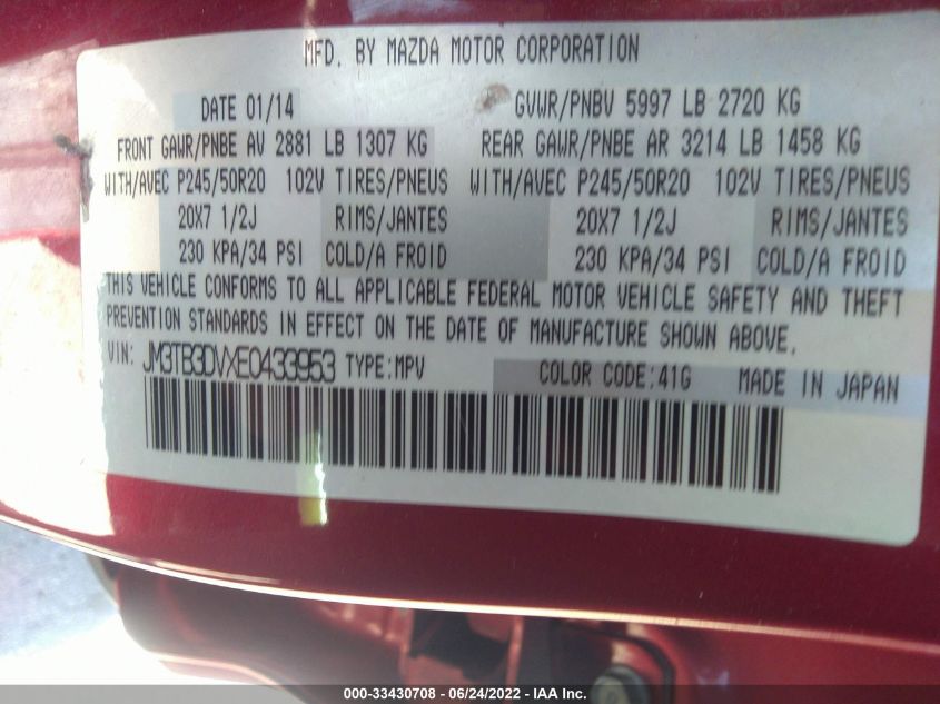2014 MAZDA CX-9 GRAND TOURING JM3TB3DVXE0433953