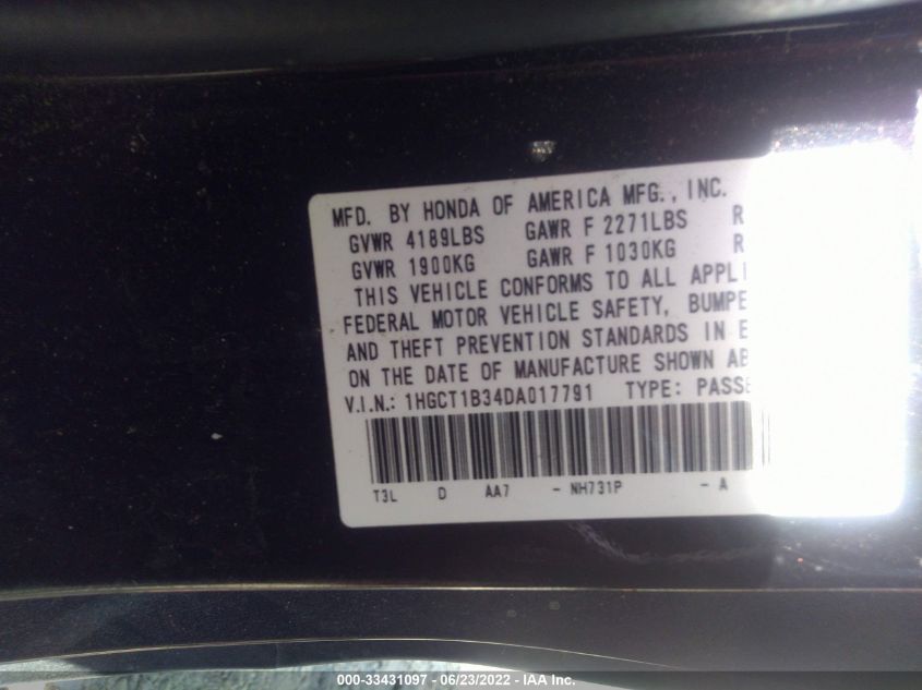 2013 HONDA ACCORD CPE LX-S 1HGCT1B34DA017791