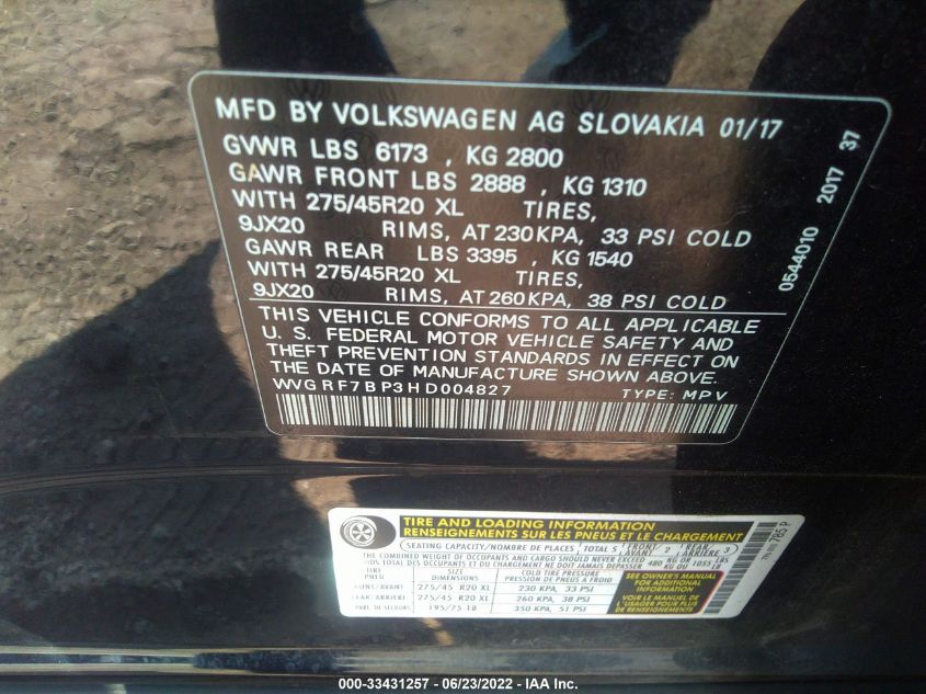 2017 VOLKSWAGEN TOUAREG WOLFSBURG EDITION WVGRF7BP3HD004827