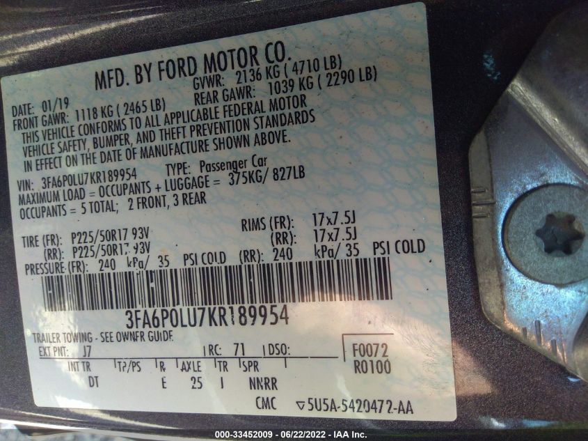 2019 FORD FUSION HYBRID SE 3FA6P0LU7KR189954