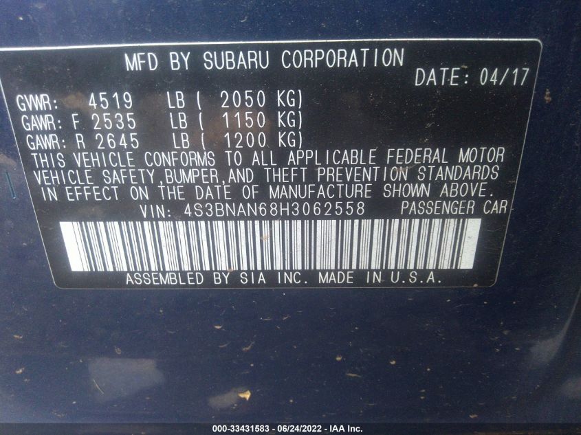 2017 SUBARU LEGACY LIMITED 4S3BNAN68H3062558