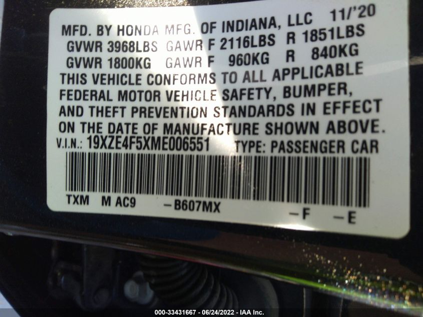 2021 HONDA INSIGHT EX 19XZE4F5XME006551