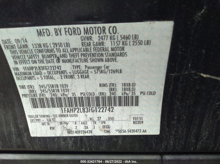 2015 FORD SEDAN POLICE INTERCEPTOR 1FAHP2L83FG122742