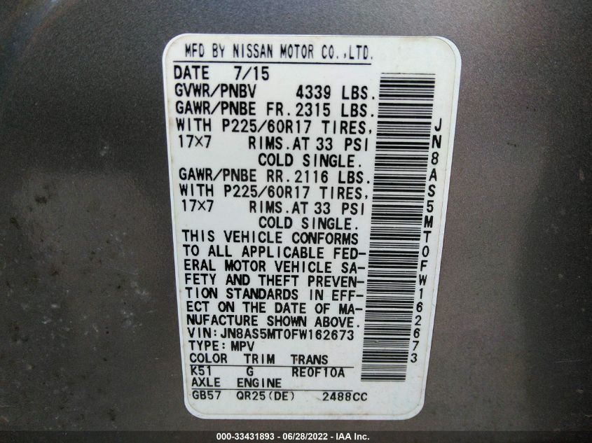 2015 NISSAN ROGUE SELECT S JN8AS5MT0FW162673