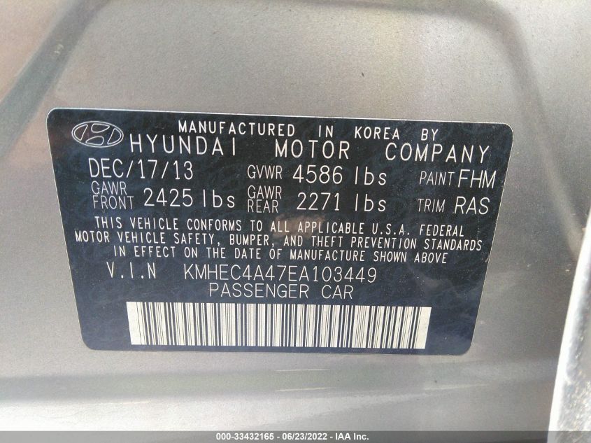 2014 HYUNDAI SONATA HYBRID HYBRID KMHEC4A47EA103449