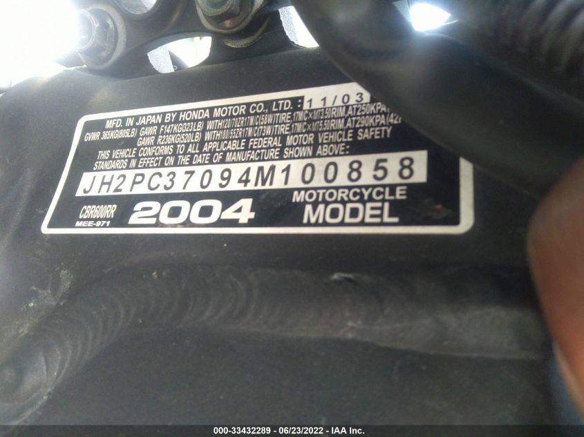 2004 HONDA CBR600 RR JH2PC37094M100858