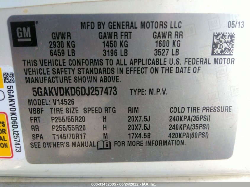 2013 BUICK ENCLAVE PREMIUM 5GAKVDKD6DJ257473