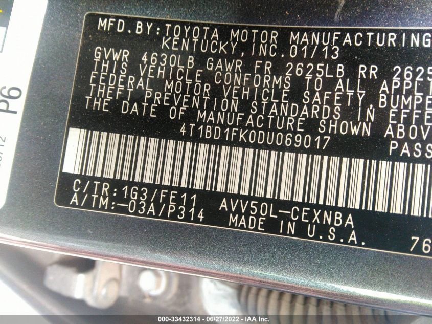 2013 TOYOTA CAMRY HYBRID LE/XLE 4T1BD1FK0DU069017