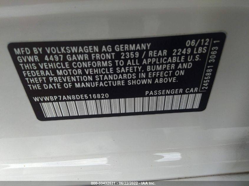 2013 VOLKSWAGEN CC SPORT WVWBP7AN8DE516820