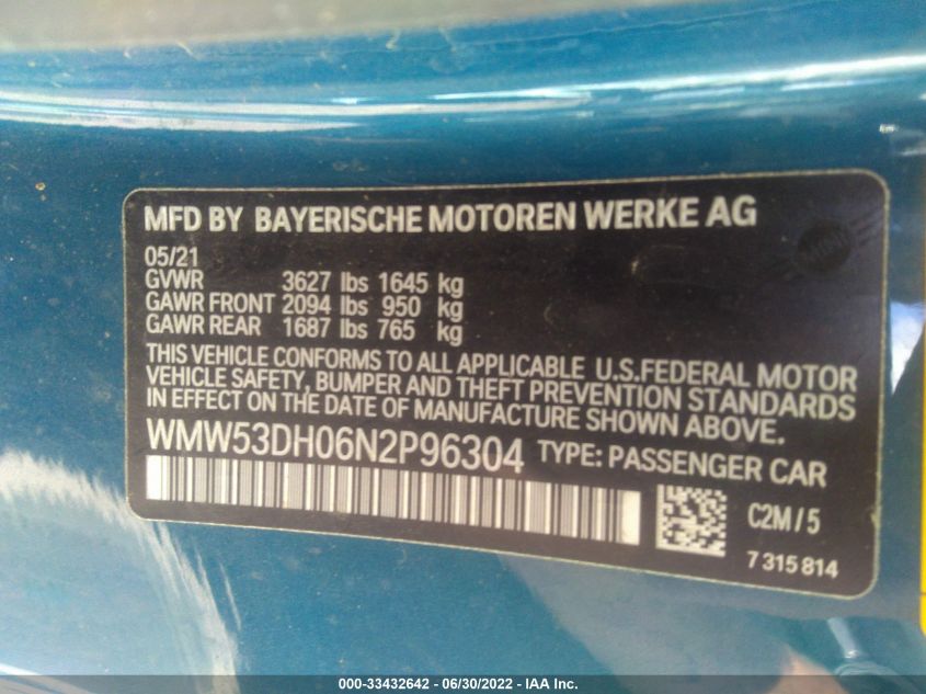 2022 MINI HARDTOP 2 DOOR COOPER S WMW53DH06N2P96304