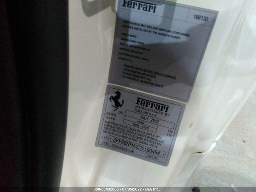 2013 FERRARI 458 ITALIA ZFF68NHA2D0190484