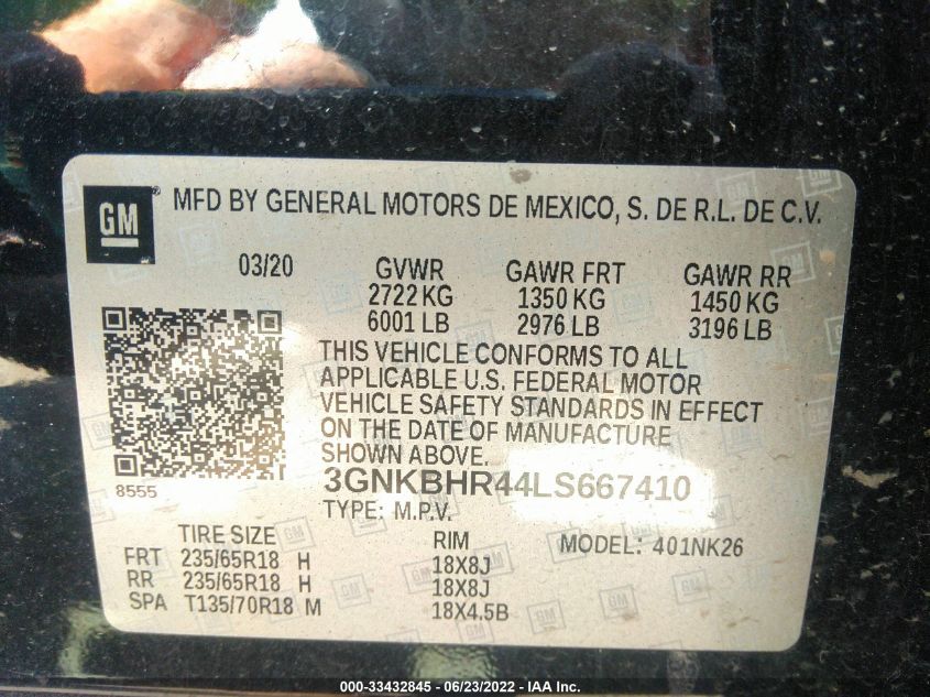 2020 CHEVROLET BLAZER LT 3GNKBHR44LS667410