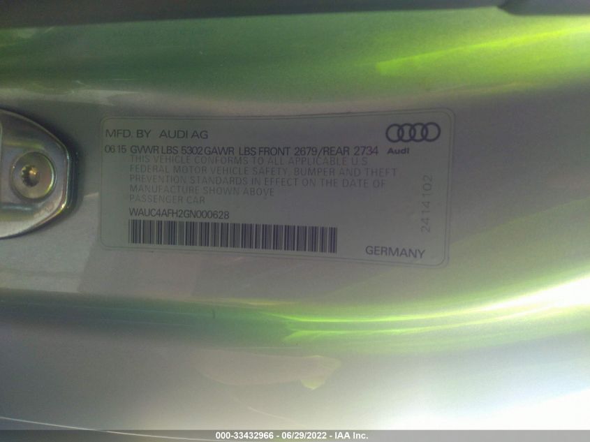 2016 AUDI S5 PREMIUM PLUS WAUC4AFH2GN000628