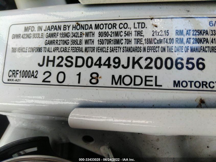 2018 HONDA CRF1000 A2 JH2SD0449JK200656